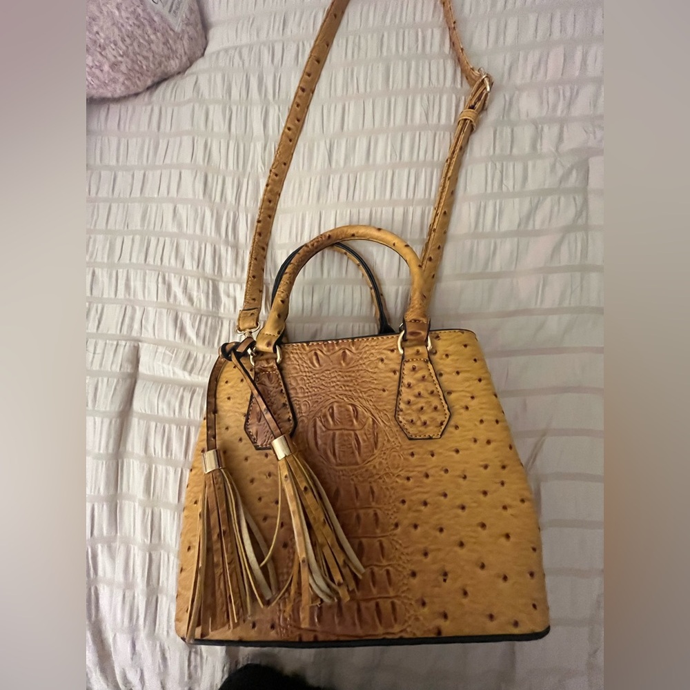 Tan Ostrich Pattern Crossbody Handbag
